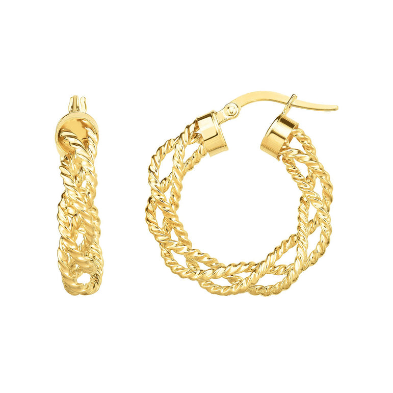 14K Gold Braided Twist Hoop Earring-Yellow | Hinged
