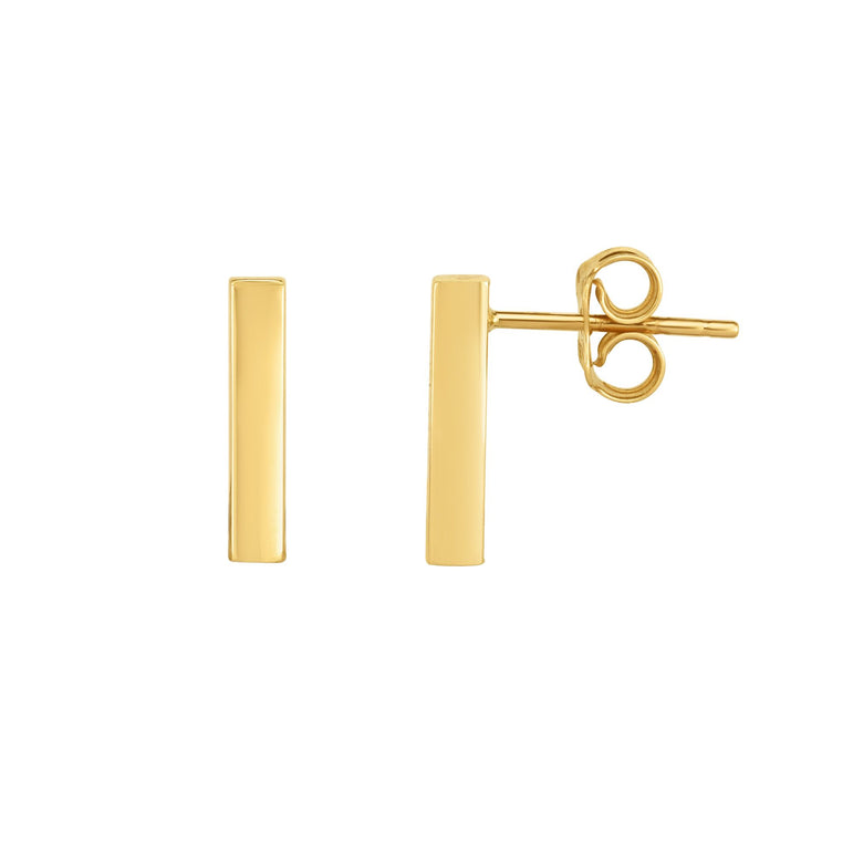 14K Gold Medium Polished Bar Stud Earring-Yellow | Push Back