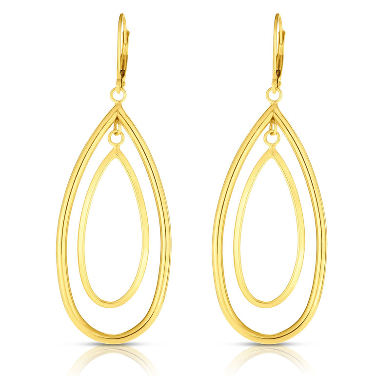 14K Gold Polished Double Oval Multi-Layered Dangle Earring-Yellow | Lever Back