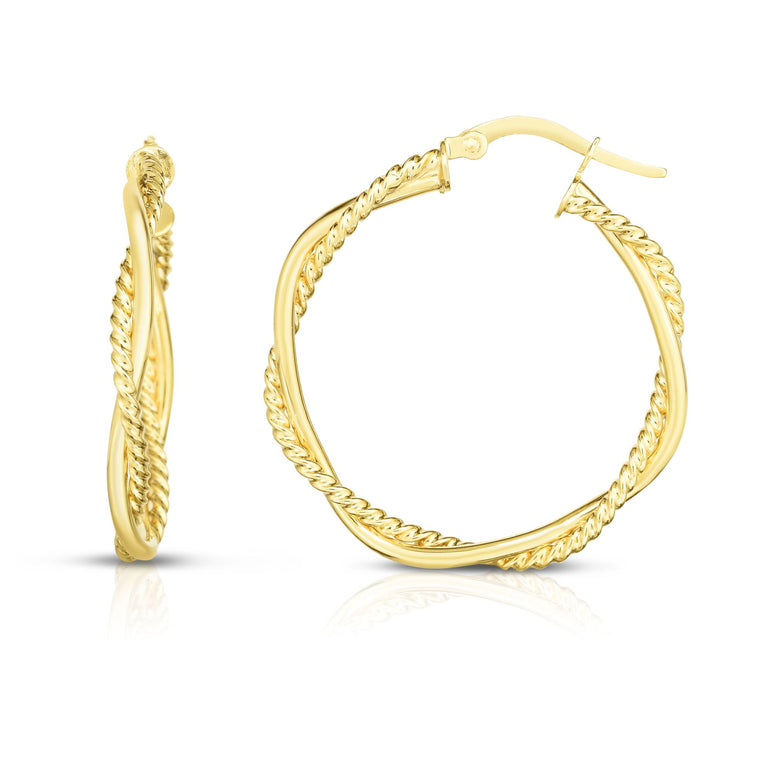 14K Gold Round Twist & Polished Hoop Earring-Yellow | Hinged