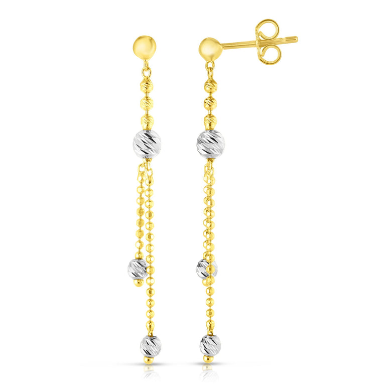 14K Gold Diamond Cut Bead Station Drop Earring-Two-tone | Push Back