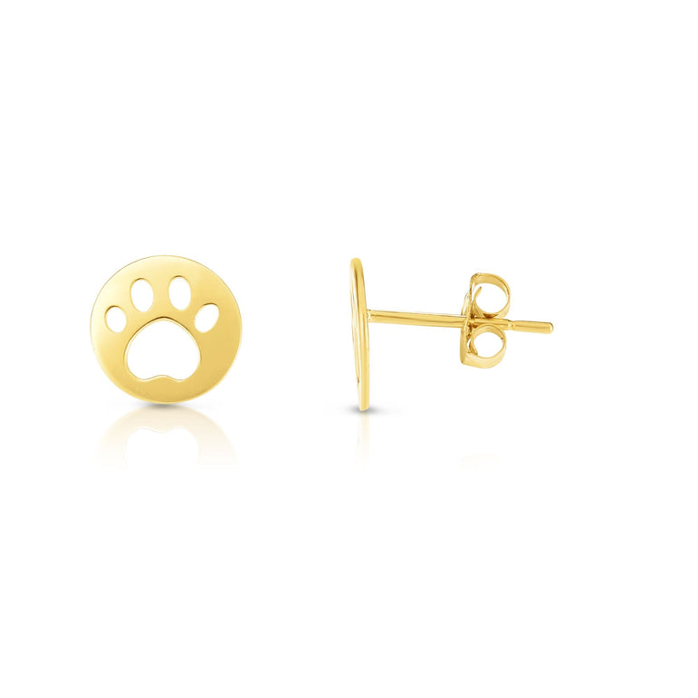 14K Gold Paw Print Stud Earring-Yellow | Push Back
