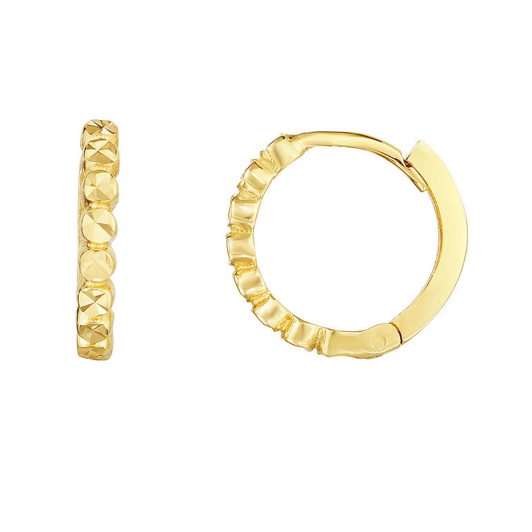 14K Gold Round Diamond Cut Huggie Earring-Yellow | Hinged
