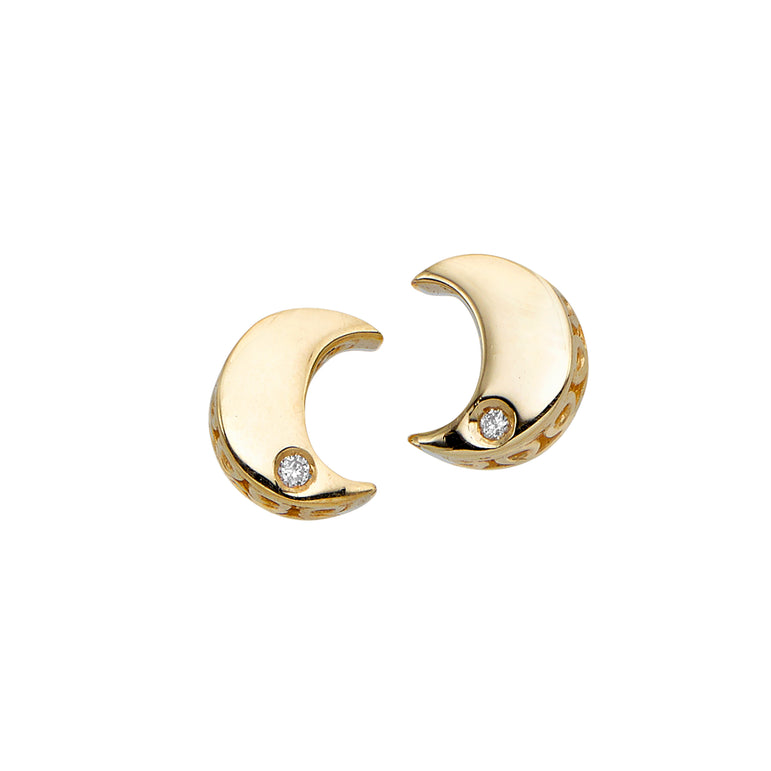 14K Gold .01ct Diamond Moon Stud Earring-Yellow | Push Back