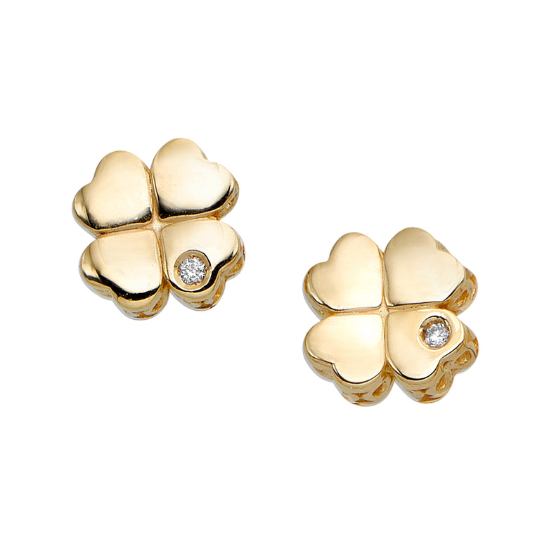 14K Gold .01ct Diamond Clover Stud Earring-Yellow | Push Back