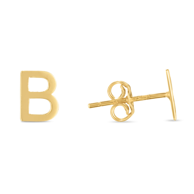 14K Gold Initial B Stud Earring-Yellow | Push Back