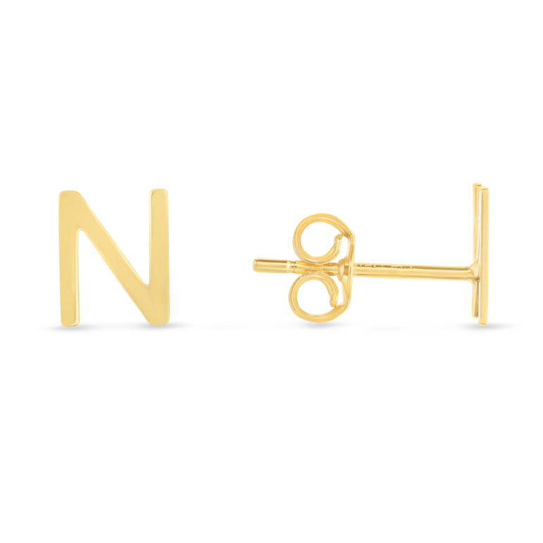 14K Gold Initial N Stud Earring-Yellow | Push Back