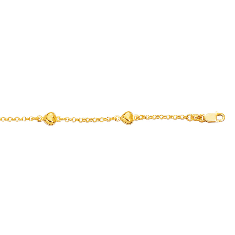 14K Gold Heart Station Bracelet-Yellow | Lobster