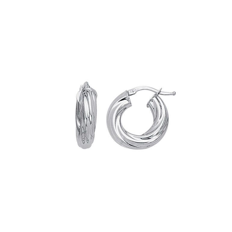 14K White Gold Chubby Round Twist Hoop Earring-White | Hinged