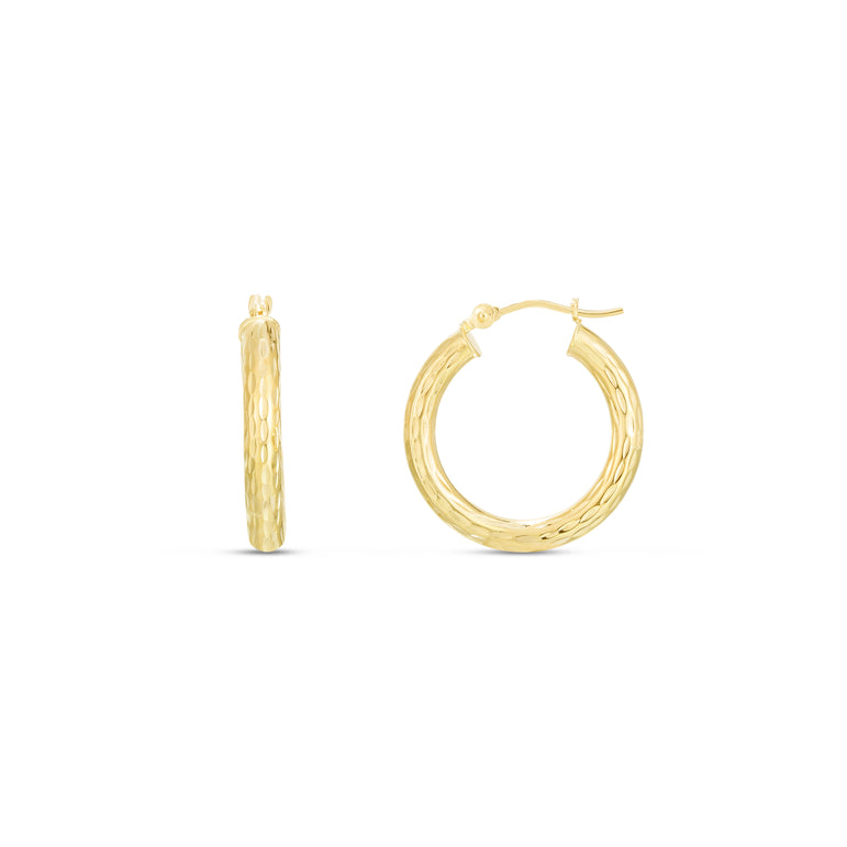 14K Yellow Gold 3x20mm Diamond Cut Hoop Earring-Yellow | Hinged