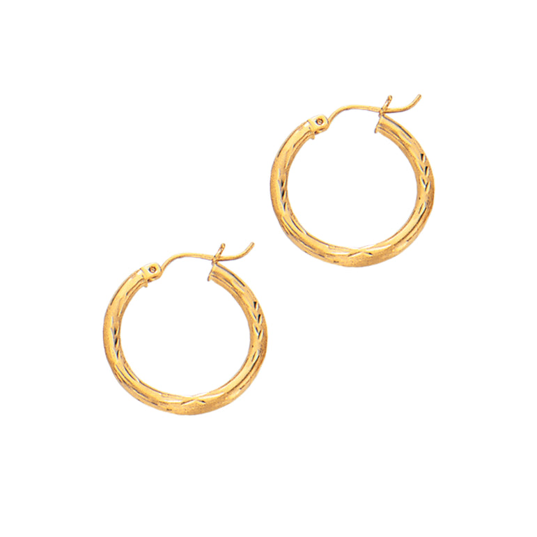 14K Yellow Gold Diamond Cut & Polished Design Hoop Earring-Yellow | Hinged
