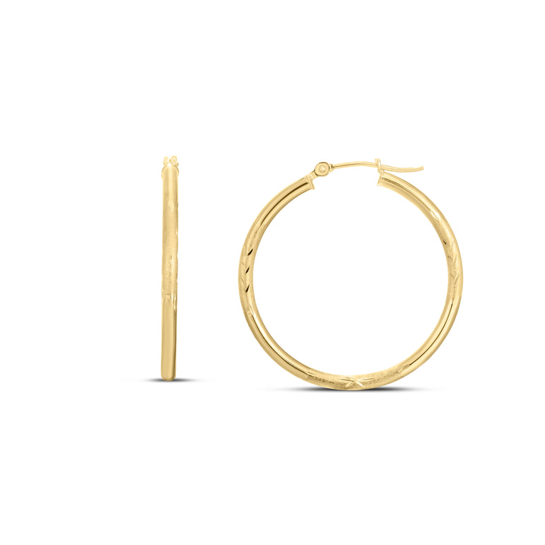 14K Yellow Gold 2x30mm Diamond Cut & Polished Design Hoop Earring-Yellow | Hinged