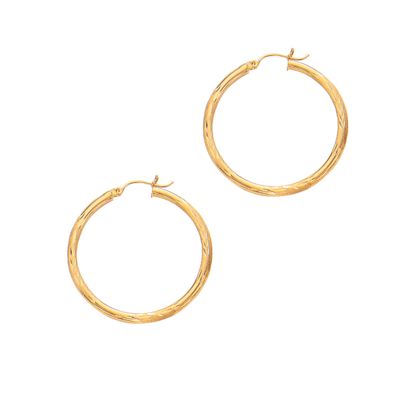 14K Yellow Gold 2x25mm Diamond Cut & Polished Design Hoop Earring-Yellow | Hinged