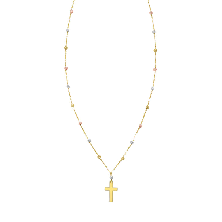 14K Beaded Cross Necklace-Tri-color | Spring Ring