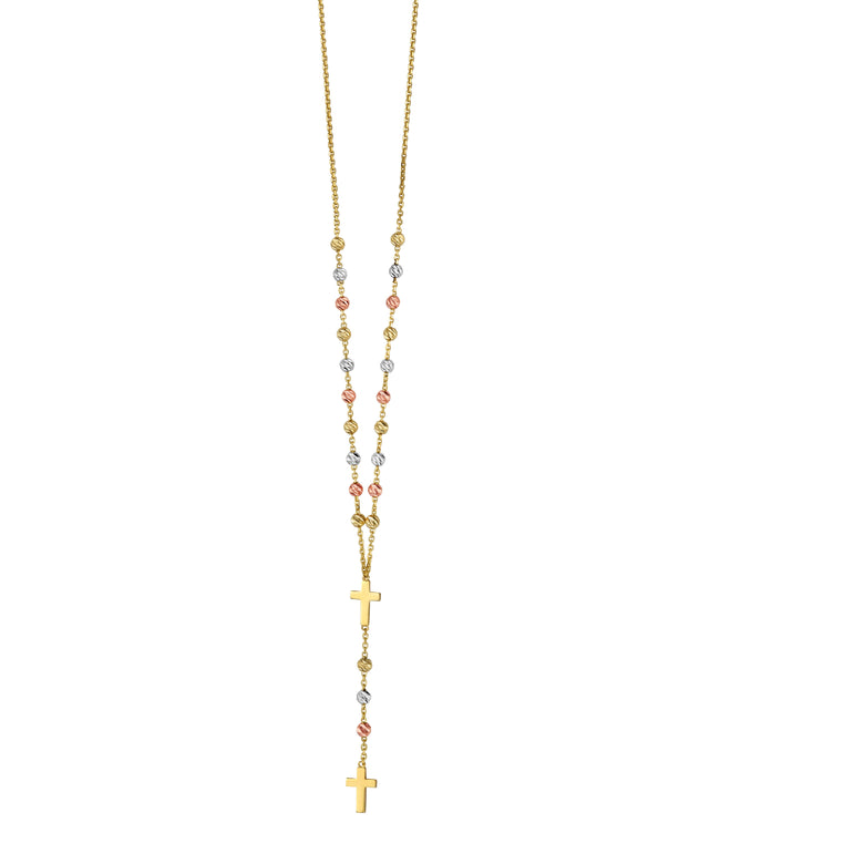 14K Gold Drop Cross Rosary Inspired Necklace-Tri-color | Spring Ring