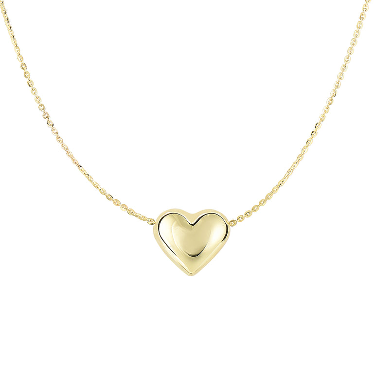 14K Gold Polished Puffed Heart Necklace-Yellow | Spring Ring