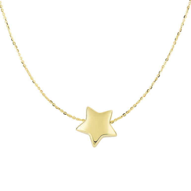 14K Gold Polished Puffed Star Necklace-Yellow | Spring Ring