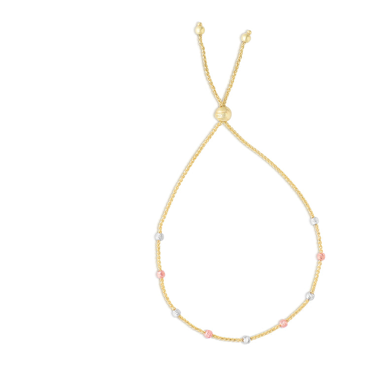 14K Gold Stationed Beads Friendship Bracelet-Tri-color | Draw String