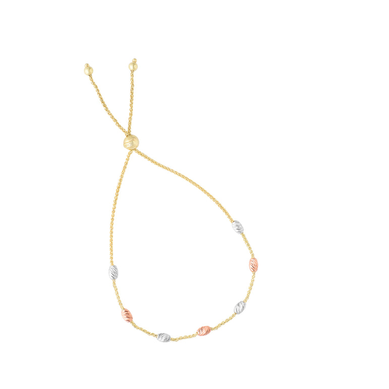 14K Gold Stationed Oval Beads Friendship Bracelet-Tri-color | Draw String