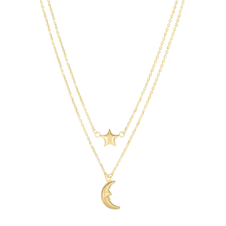 14K Gold Polished Moon & Star Multi-Strand Necklace-Yellow | Spring Ring