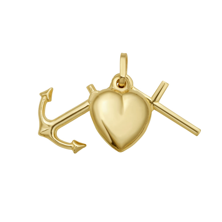 14K Heart Cross Anchor Charm-Yellow