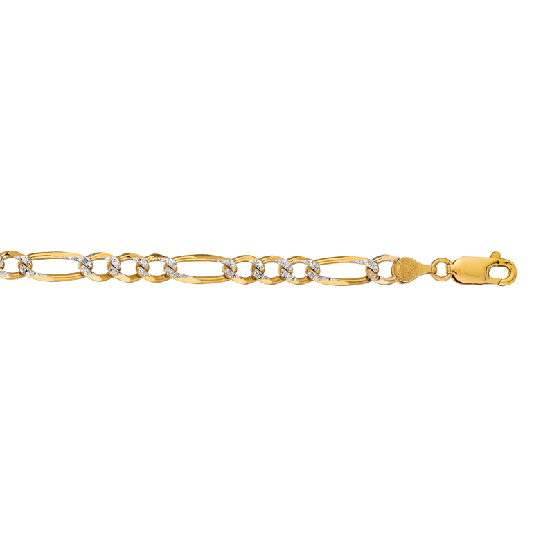 14K Gold 7mm White Pave Figaro Chain -Yellow | Lobster