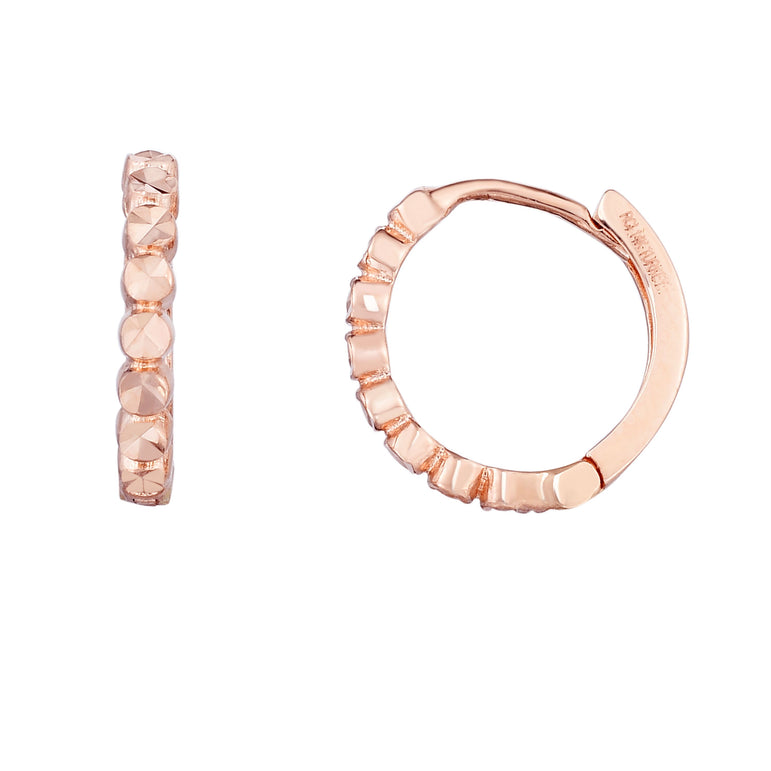14K Gold Round Diamond Cut Huggie Earring-Rose | Hinged