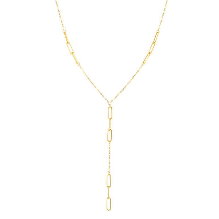 14K Gold Paperclip Lariat Necklace-Yellow | Spring Ring