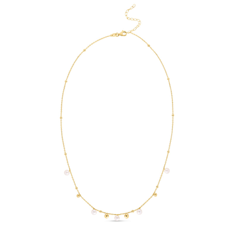 14K Gold Pearl and Scattered Bead Necklace-Yellow | Lobster