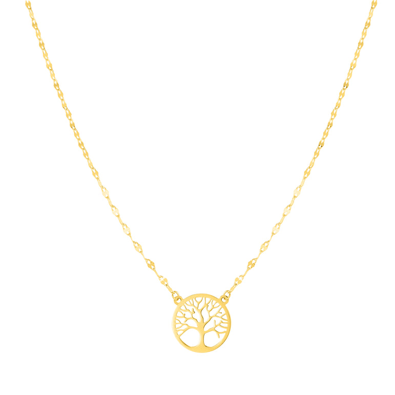 14K Gold Tree of Life on Mirror Chain Necklace-Yellow | Spring Ring