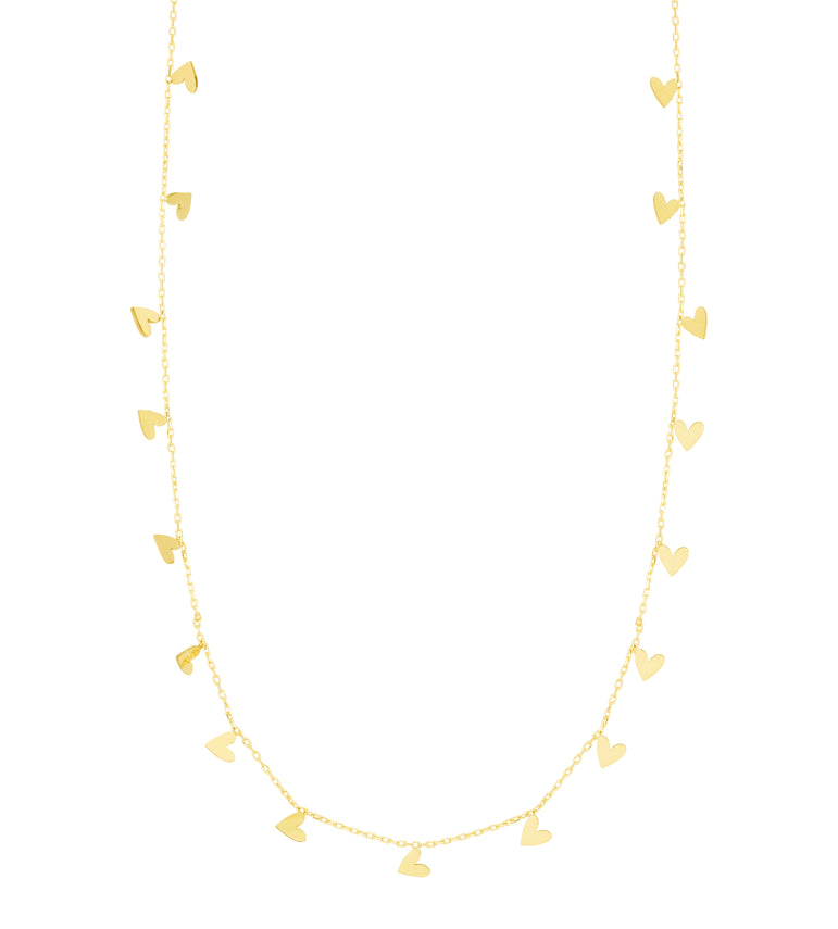 14K Gold Dangling Hearts Necklace-Yellow | Spring Ring