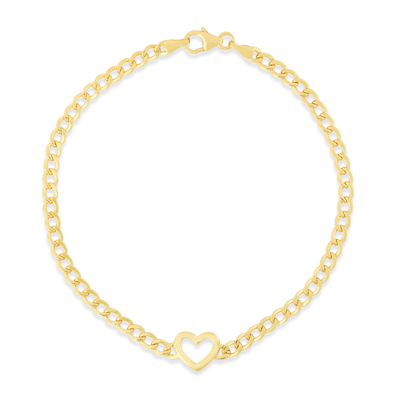 14K Heart Curb Bracelet-Yellow | Lobster