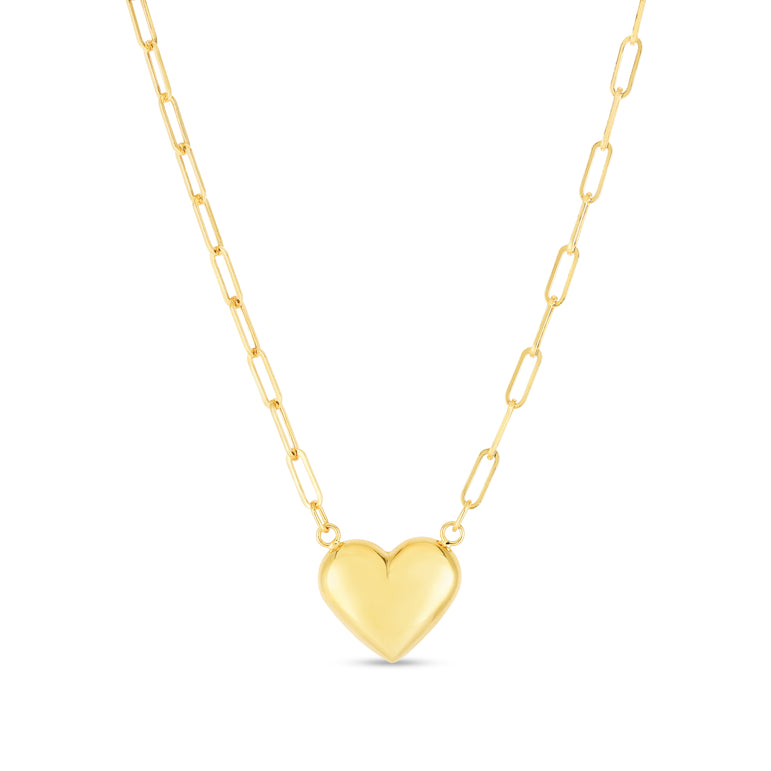 14K Puffed Heart Paperclip Necklace-Yellow | Lobster