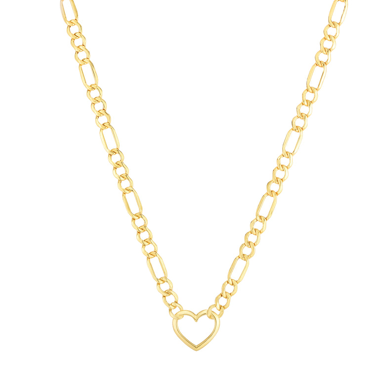14K Heart Figaro Chain Necklace-Yellow | Lobster