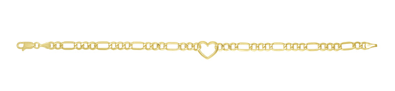 14K Heart Figaro Chain Bracelet-Yellow | Lobster