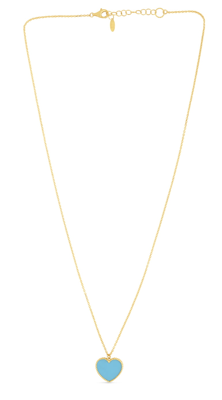 14K Gold Turquoise Paste Heart Necklace-Yellow | Lobster