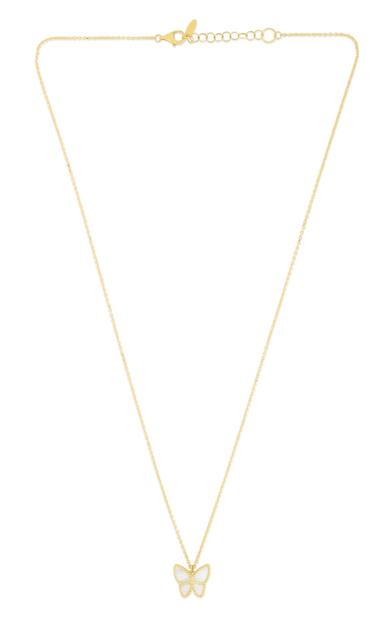 14K Gold Mother of Pearl Butterfly Necklace-Yellow | Pear Shaped Lobster