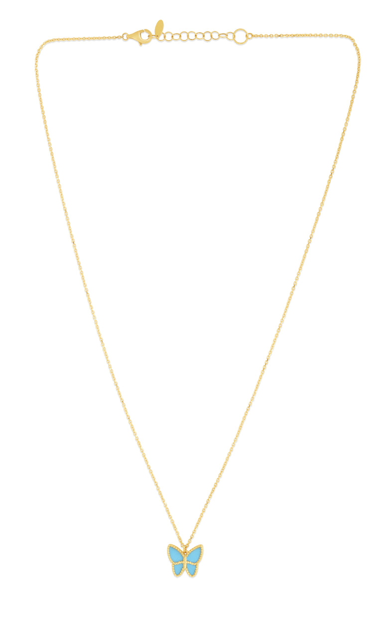 14K Gold Turquoise Paste Butterfly Necklace-Yellow | Lobster