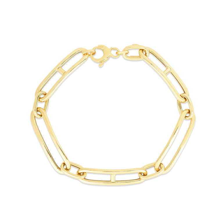 14K Gold 7.4mm Elongated Alternating Mariner Link Bracelet -Yellow | Lobster