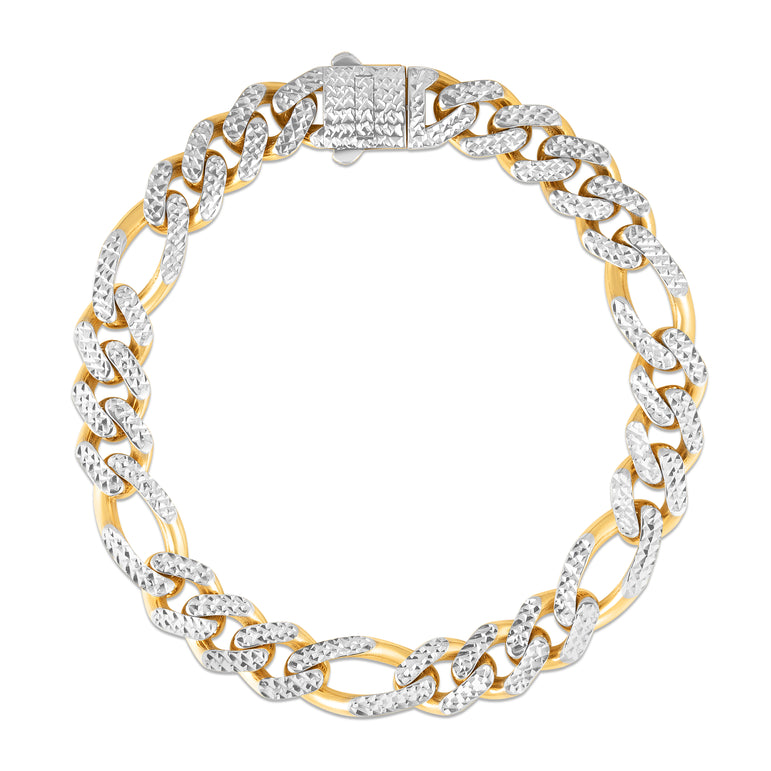 14K 9.5mm White Pave Modern Lite Figaro Chain-Yellow | Box with Both Side Push