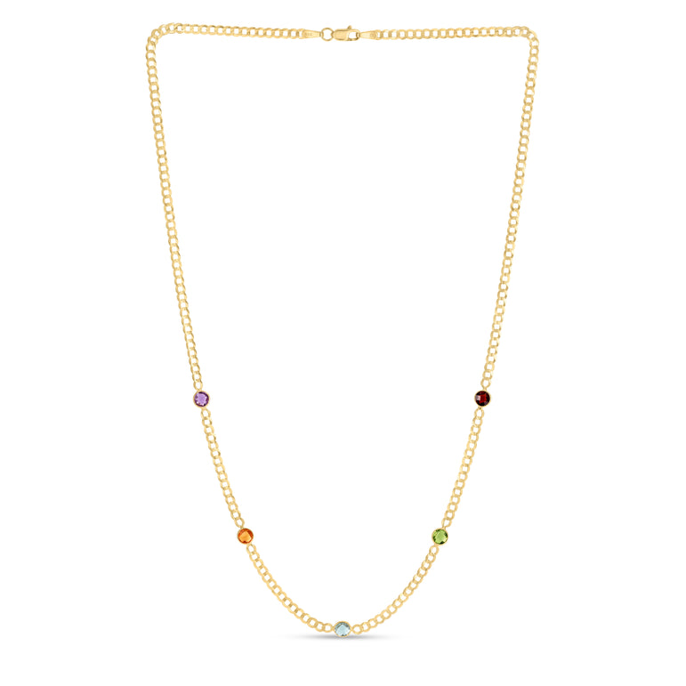 14K Multi Gemstone Curb Chain Necklace-Yellow | Lobster