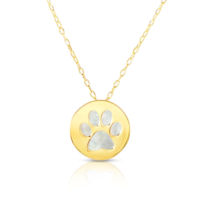 14K Gold Paw Print Mother of Pearl Necklace-Yellow | Spring Ring