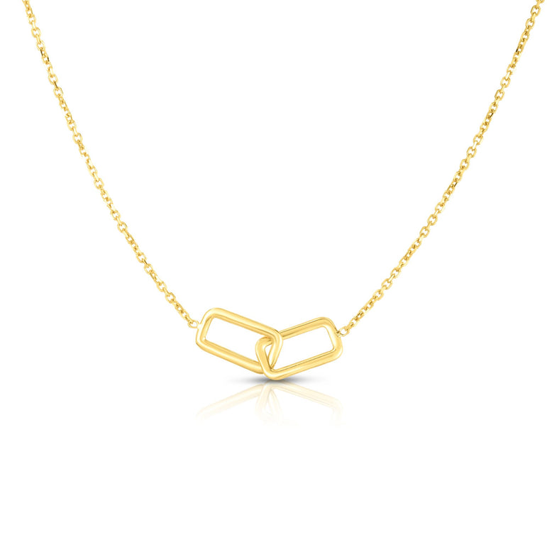 14K Gold Polished Interlocking Rectangles Necklace-Yellow | Spring Ring