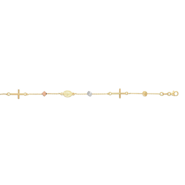 14K Tri-color Gold Polished Cube & Cross Bracelet-Tri-color | Lobster