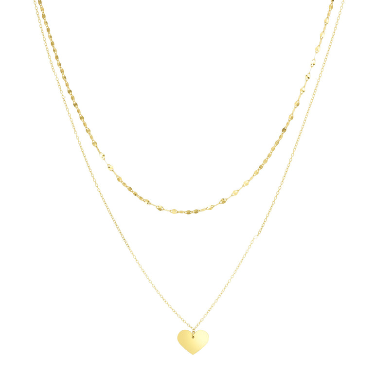 14K Gold Polished Heart & Mirror Chain Multi-Strand Necklace-Yellow | Lobster