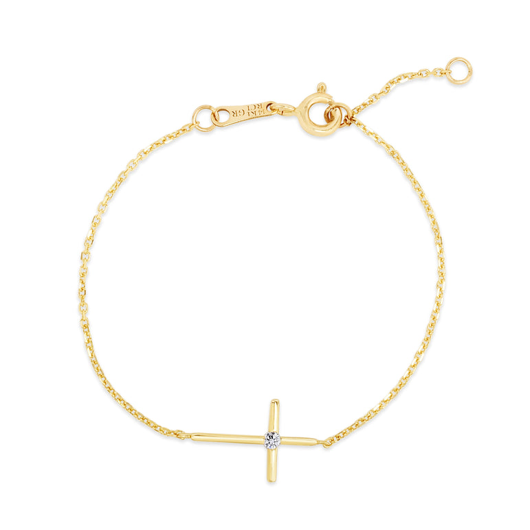 14K Gold CZ Side Cross Bracelet-Yellow | Spring Ring