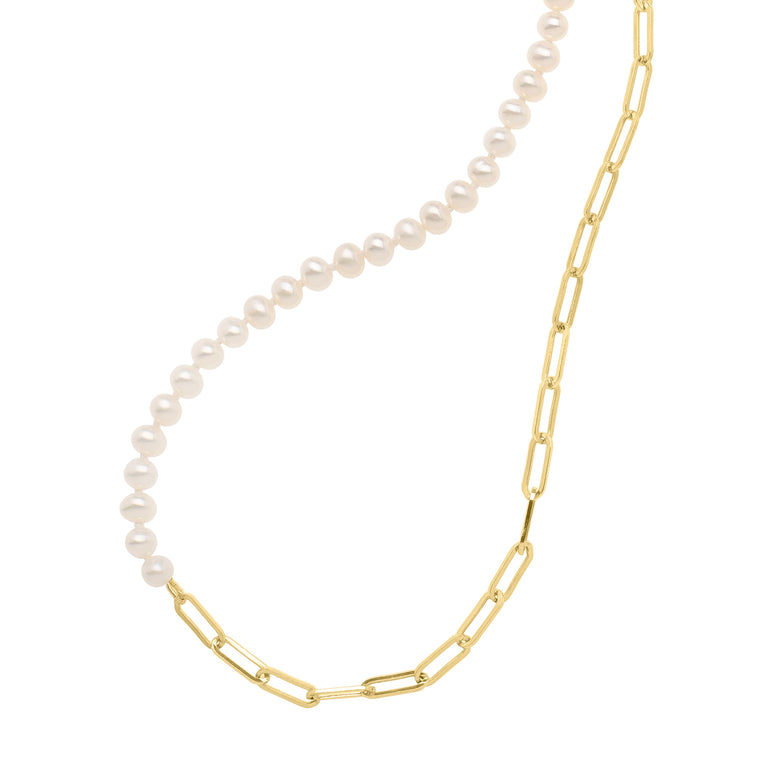 14K 5mm Pearl & Lite Paperclip Necklace-Yellow | Lobster