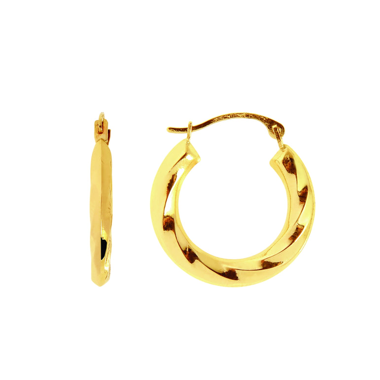 14K Gold Chubby Polished Twist Back to Back Hoop Earring-Yellow | Hinged