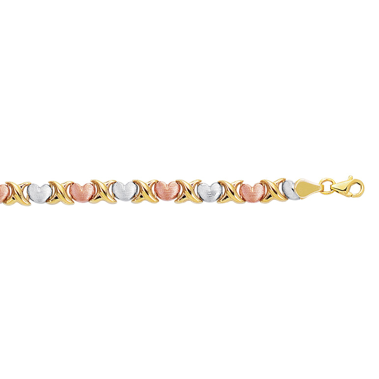 14K Tri-color Gold X & O Heart Stampato Bracelet-Tri-color | Lobster