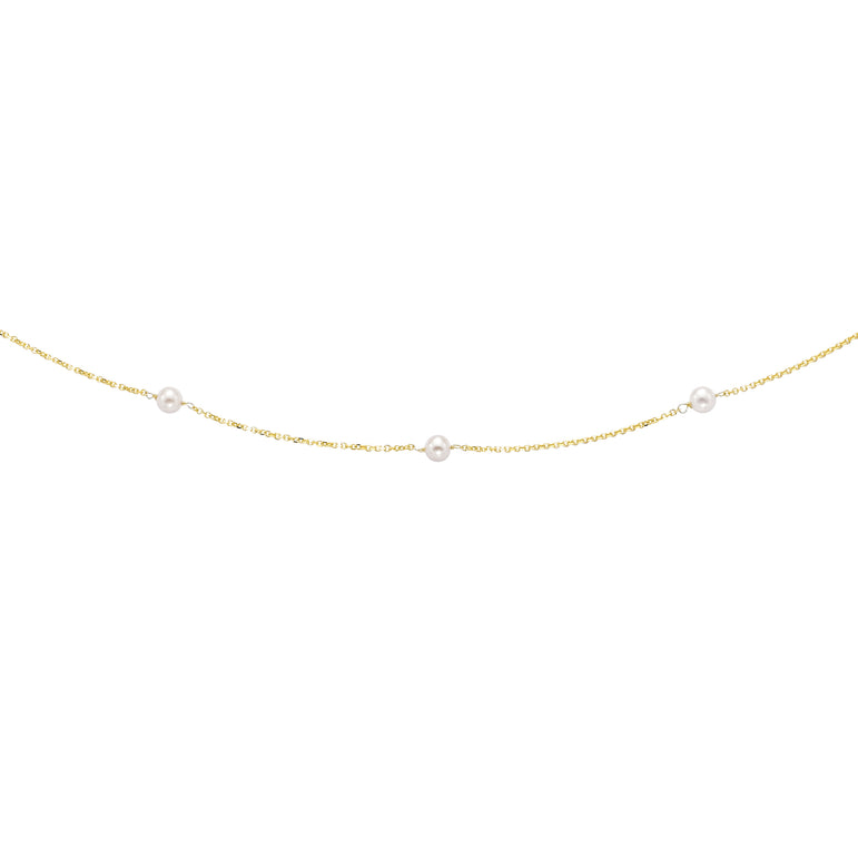 14K Gold Pearl Station Necklace-Yellow | Lobster